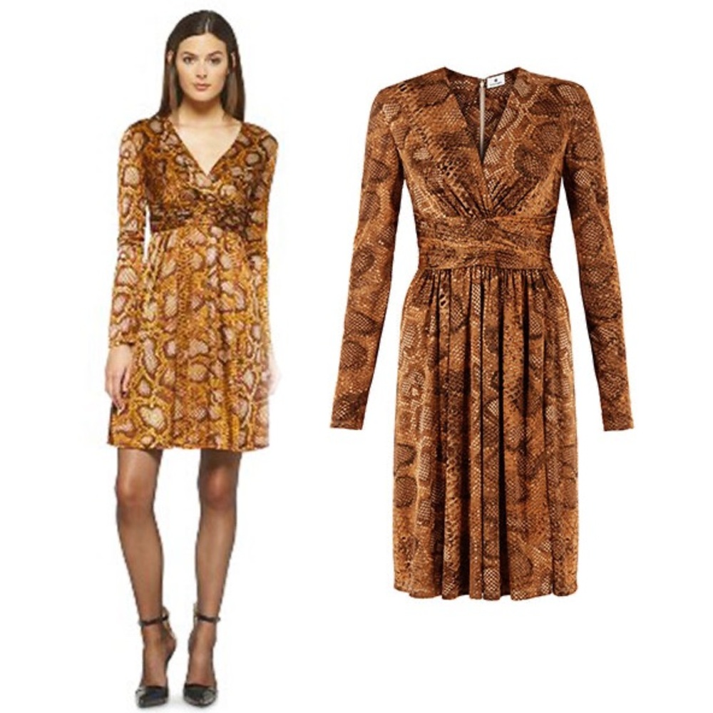 🤎 Altuzarra Long Sleeve Snake Print Dress Size 2 Knee Length V neck Never Worn